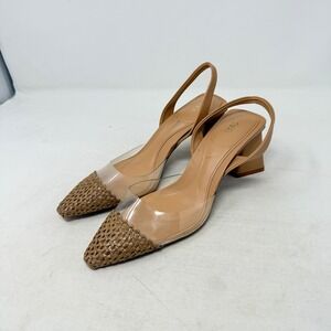 Zara Slingback Heels Tan 36 Point Toe Woven Clear Block Heel Minimalist Neutral